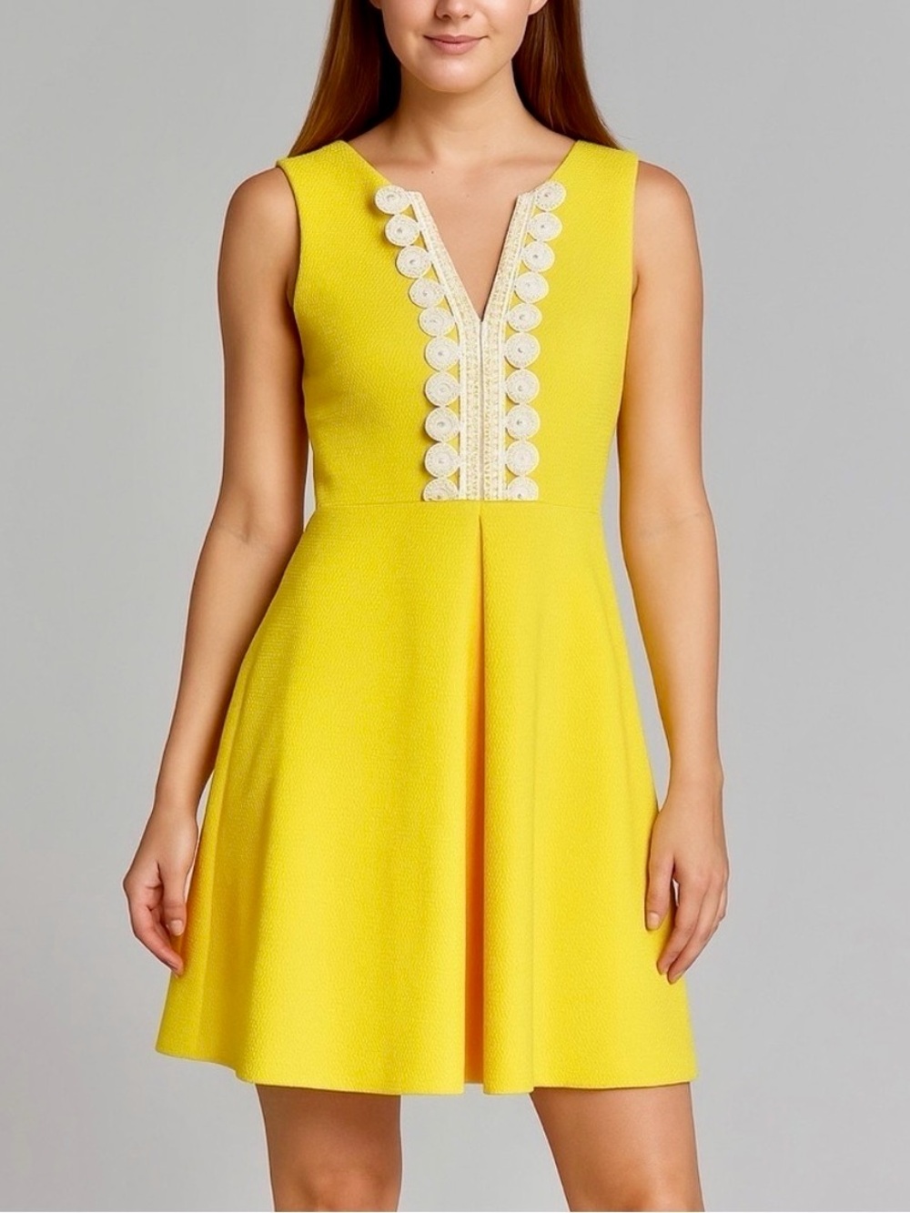 Vince Camuto Yellow Sleeveless V‑Neck Lace-Trim Mini Dress #1253